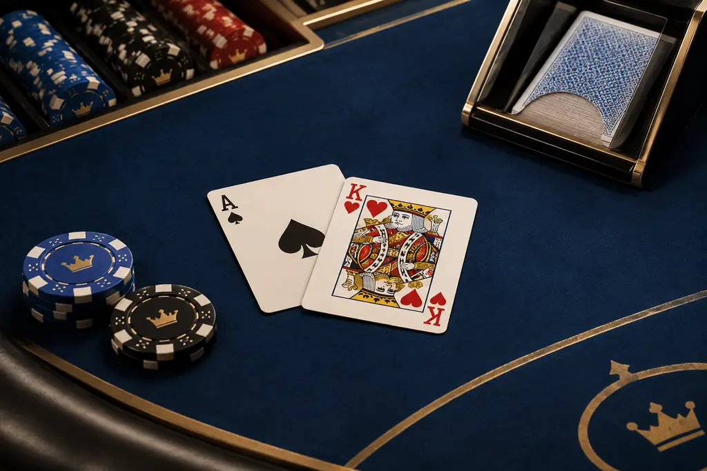 Kartu as dan raja dengan keping di meja blackjack.