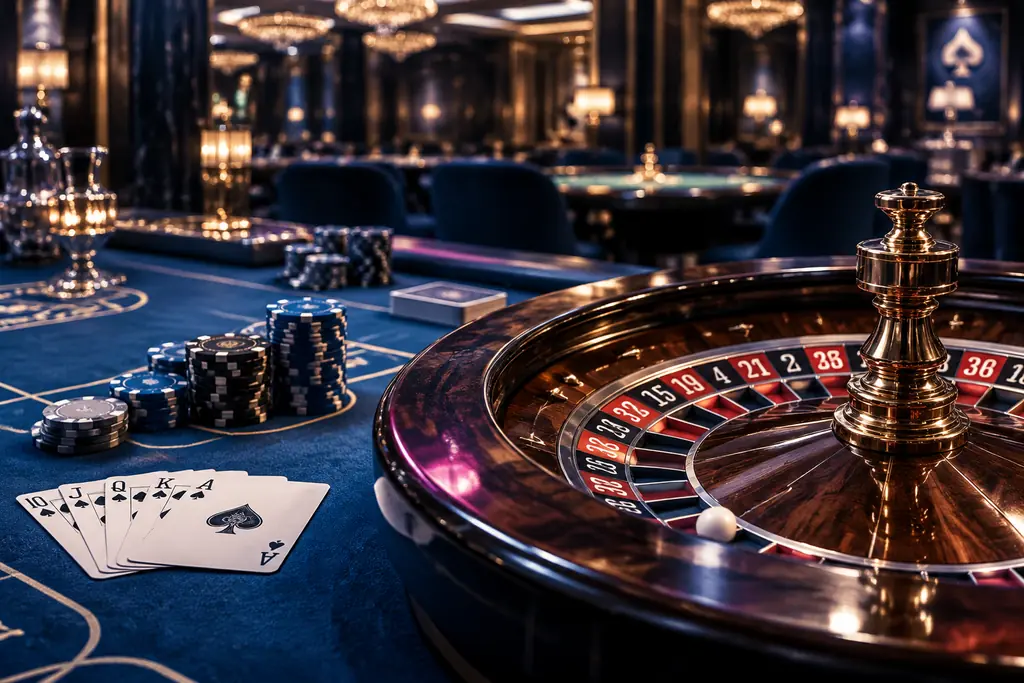 Ilustrasi ruang kasino dengan meja roulette dan kartu dalam pencahayaan biru tengah malam.