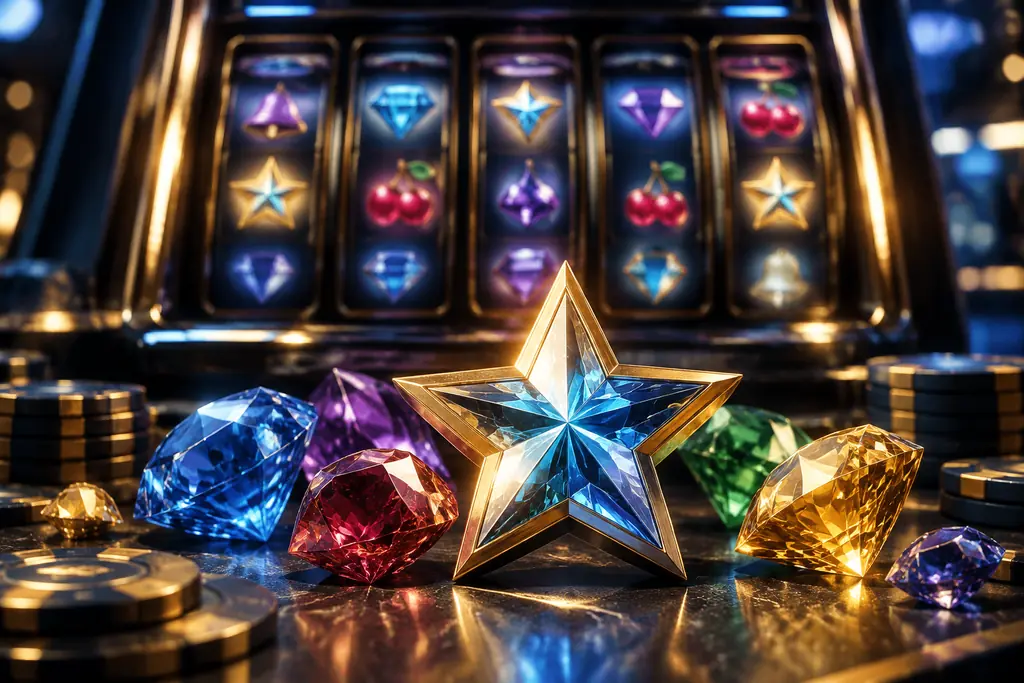 Permata berwarna dan simbol bintang di dekat mesin slot kasino.