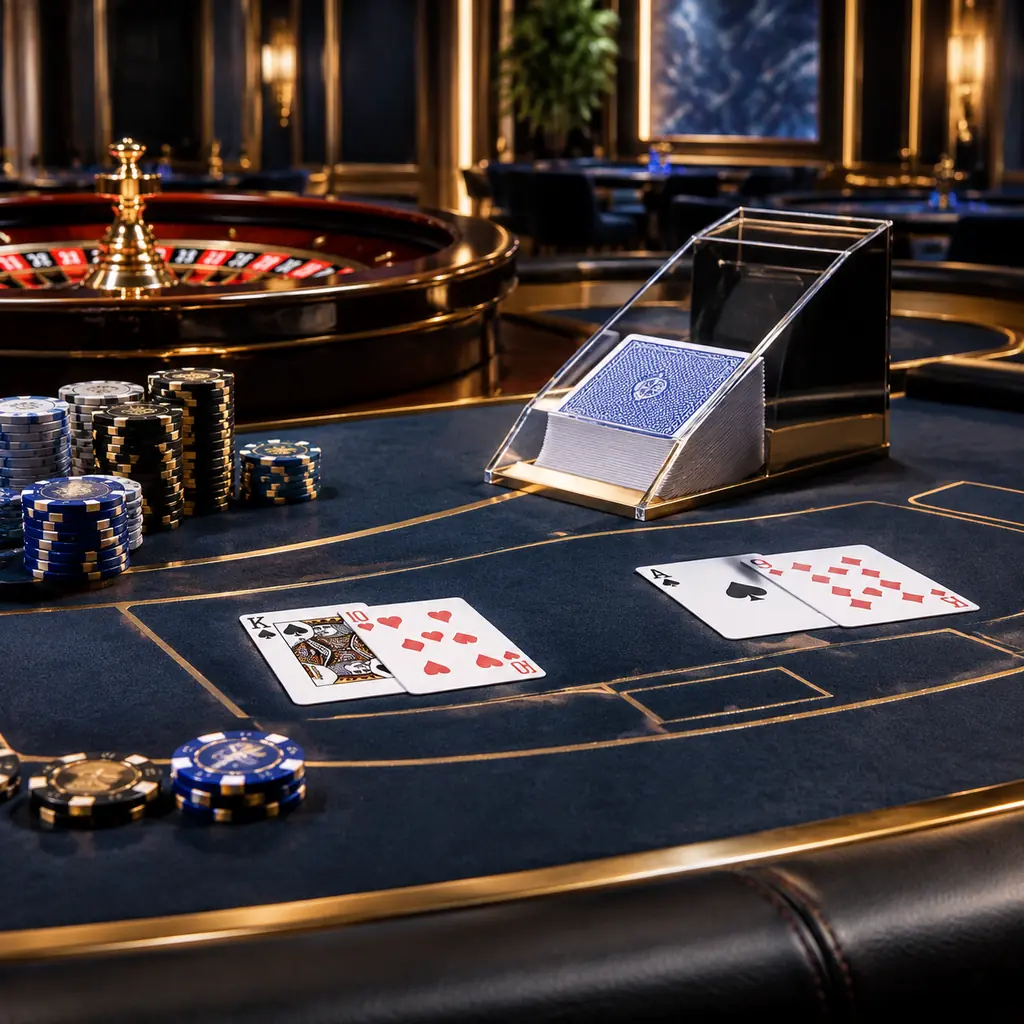 Meja baccarat dan blackjack di ruang kasino tanpa pemain.