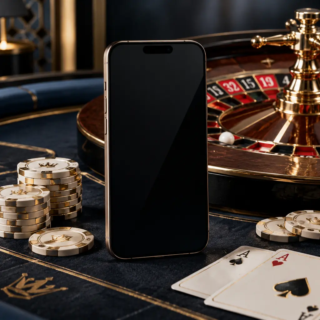 Ponsel layar gelap di samping roda roulette dan kartu.