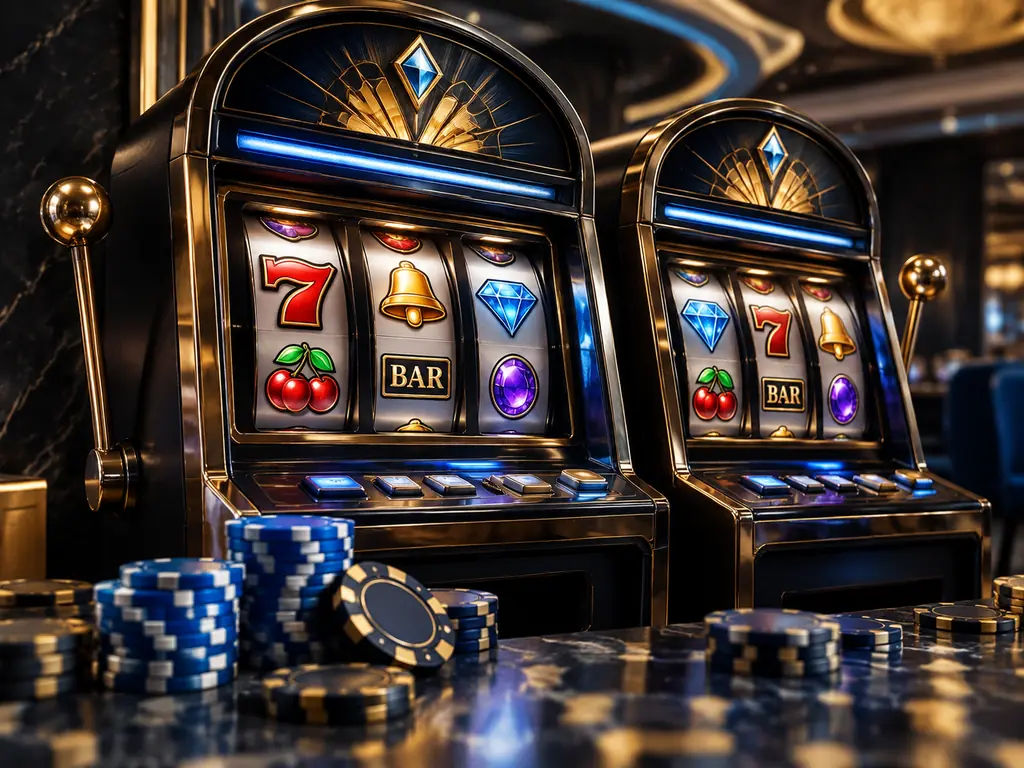 Mesin slot bertema permata dengan keping kasino.