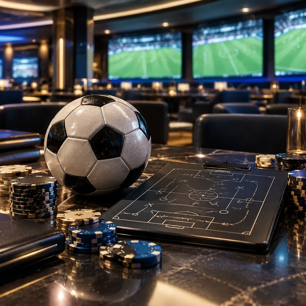 Bola sepak dan papan taktik kosong di area sportsbook kasino.