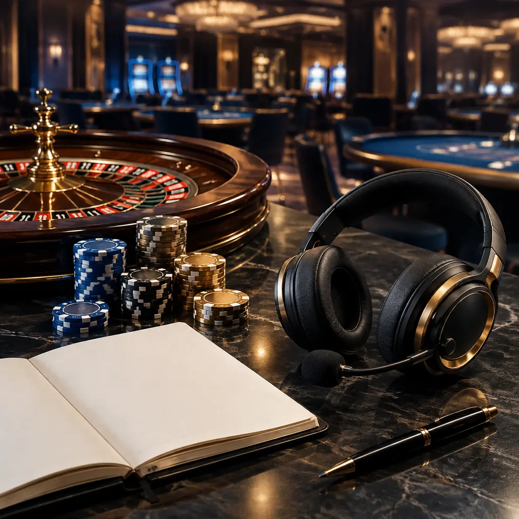 Headset bantuan di dekat meja roulette dan catatan kosong.